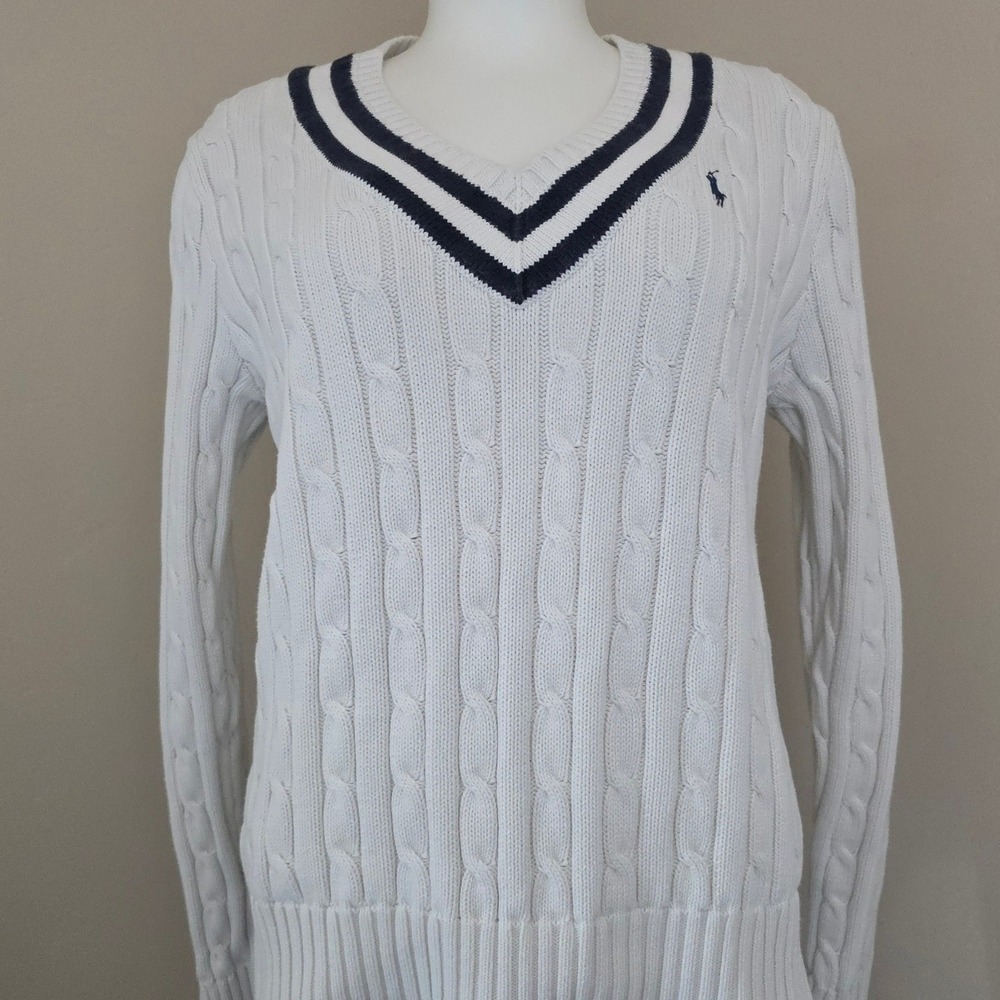 VTG Ralph Lauren Womens Cable Knit Cricket Sweater White Navy V-Neck READ 4 SIZE - Picture 8 of 8